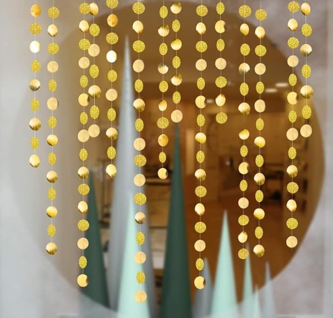 Gold Circle Dots Garlands Decorations, 52 Feet, Glitter Garland Hanging Banner for Christmas Party, Anniversaries, Wedding, Birthday Parties, Graduations Parties, Baby Shower(Gold)