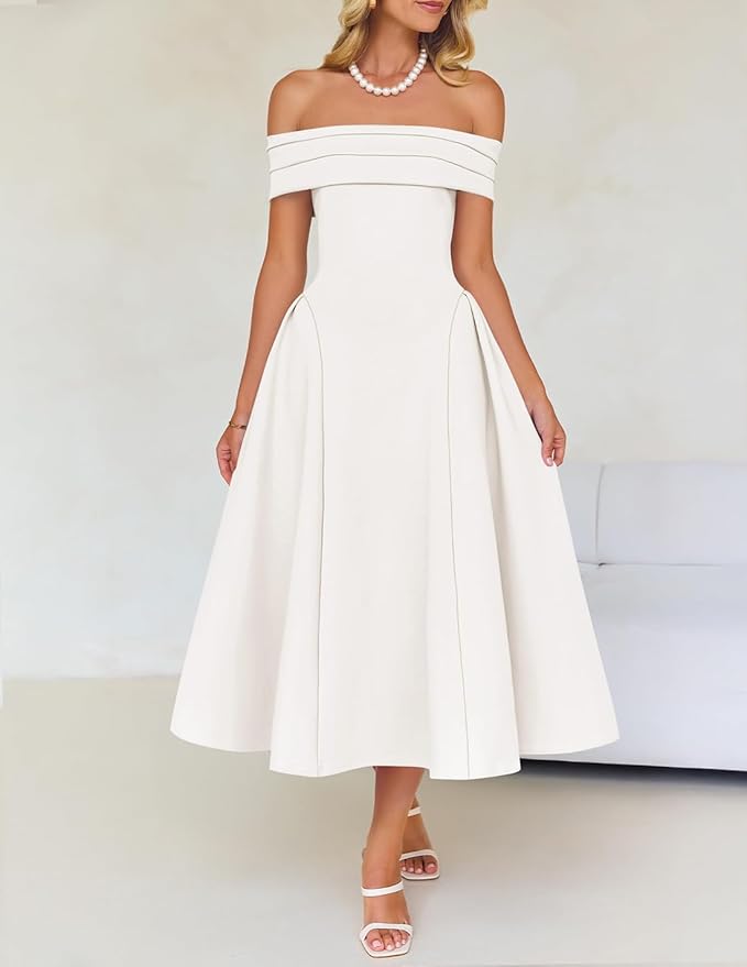 ZESICA Summer 2026 Cocktail Dresses for Women's Off Shoulder Short Sleeve Swing A Line Wedding Evening Party Midi Dress