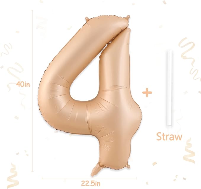4 Balloon, 4 Balloon Number, Number 4 Balloon 40 Inch, Beige Large Big Foil Number Balloons for Birthday Party Graduation Wedding Anniversary Baby Shower Bachelorette Decoration Supplies