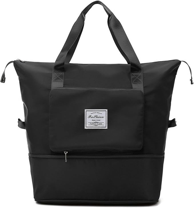 Large Capacity Folding Travel Bag, Lightweight Waterproof Luggage Bag, Expandable Travel Duffel Bag, Dry Wet Separated Gym Tote Bag, Weekender Overnight Bag for Women and Man (Black)