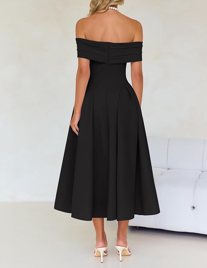 ZESICA Summer 2026 Cocktail Dresses for Women's Off Shoulder Short Sleeve Swing A Line Wedding Evening Party Midi Dress