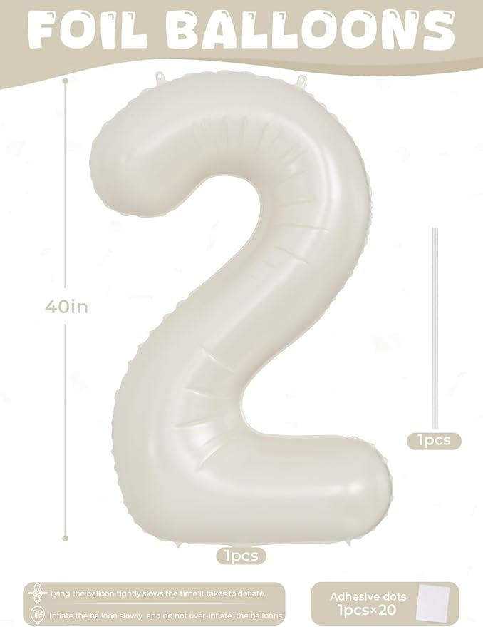 Cream Number 2 Balloons – 40 Inch Giant Foil Number Balloon, Light Cream Number Balloon for Birthday Anniversary Baby Shower Party Decorations