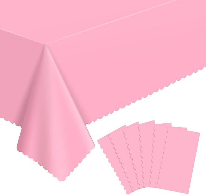 6 Pack Plastic Pink Tablecloth, 54 X 108Inch Pink Party Table Covers Scalloped Easter Table Cloths for Rectangle Tables Disposable Tables Cover for Baby Bridal Shower Tea Party Mother's Day Wedding