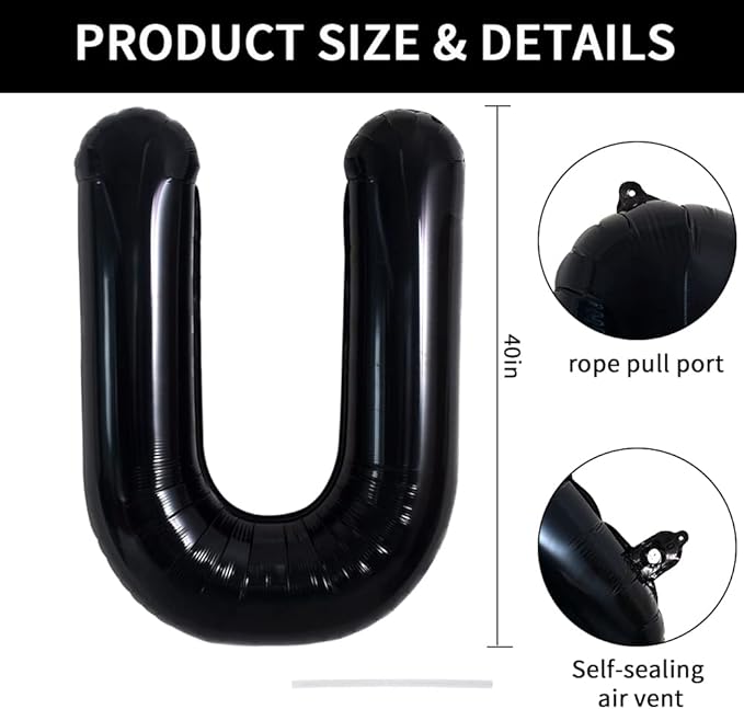 TONIFUL 40 Inch Large Black U Letter Balloons, Jumbo Helium Foil Mylar Balloons for 2026 New Year Eve Graduation Wedding Baby Shower Birthday Party Anniversary Supplies Decorations