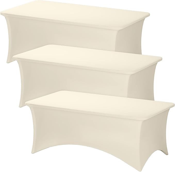 Fixwal 3 Pack Ivory Table Cloths Rectangle 8FT, Tablecloths Rectangular Stretch Spandex Fitted Table Covers 8ft for Parties, Trade Shows, Banquet, Weddings, Buffet, Graduation