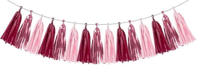 Rose-Gold Pink Burgundy Party Decorations - 15Pcs Tissue Paper Tassel Garland Birthday Decorations Valentines Day Decorations Baby Girl Shower Women Bridal Wedding Engagement Bachelorette HongTongTong