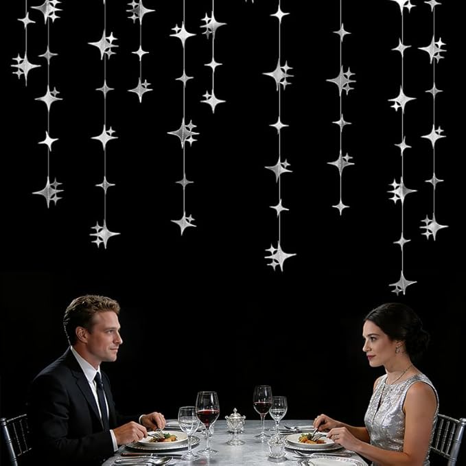 Glitter Silver Four-Angle Star Paper Garland Banner Décor 40 Feet Twinkle Silver Star Hanging Bunting Banner Backdrop for Wedding Baby Shower Birthday Graduation Disco Party Decorations