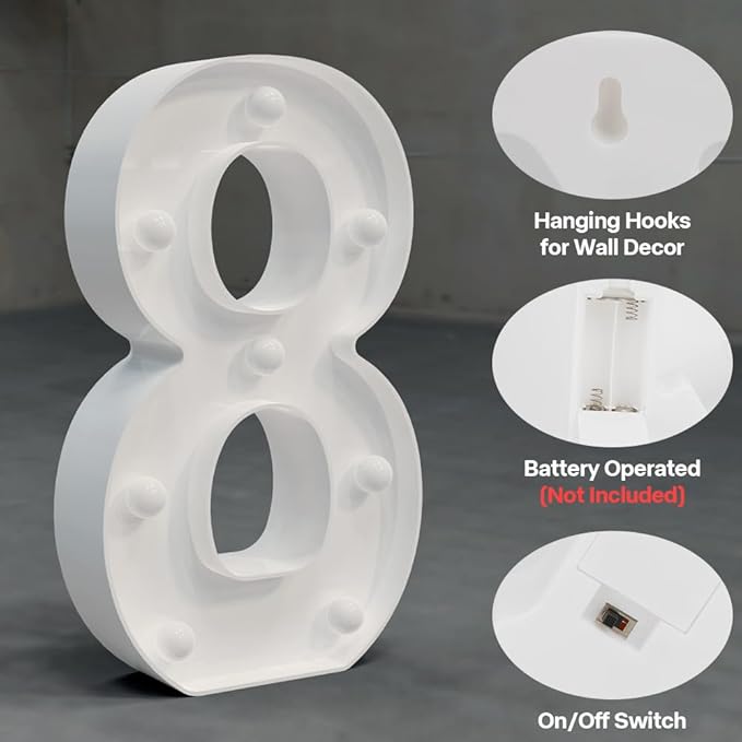 Marquee Numbers Light up Numbers, 0-9 Number Battery Powered LED Light, White Plastic Numbers Sign, Night Light Number Decor for Graduation Engagement Wedding Baby Shower Birthday (Number 8)