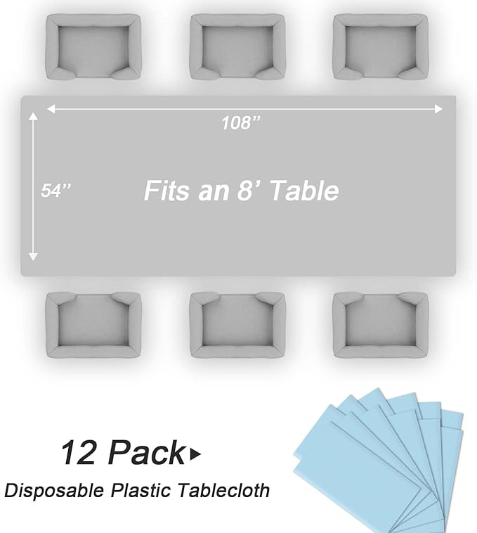 QIKSION Light Blue Plastic Table Cloth Disposable 12 Pack, 54 x 108 Inch Tablecloths for Baby Shower Birthday Party, Easter Decorations, Rectangle Table Cover
