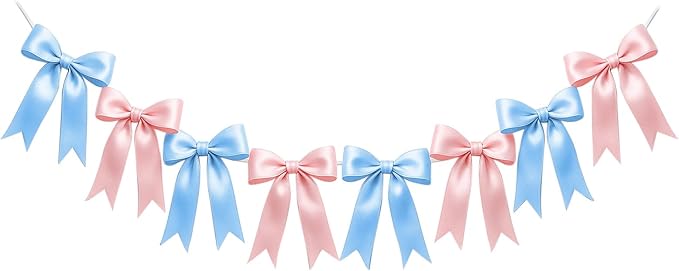 2 Strings of 16PCS Baby Pink&Baby Blue Bow Garlands Banner Decoration,Pre-Strung Satin Ribbon Ornaments for Gender Reveal Party,Baby Shower,Birthday,Bridal Shower,Graduation Decor,Anniversary,Wedding