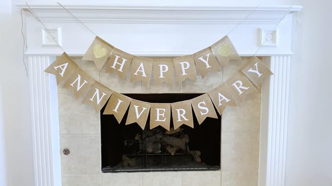 "Happy Anniversary" Burlap Banner – Rustic “Happy” and “Anniversary” across natural burlap flags (approx. 5" × 7") with Sparkly Gold Hearts Party Decor