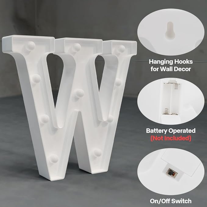 Light Up Marquee Letters - 26 Alphabet Battery Powered LED Lights Sign, Night Light Mini W for Engagement Party Wedding Baby Shower Birthday (White Plastic)