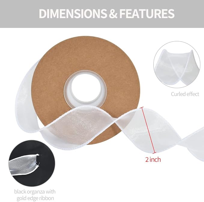 TONIFUL 1-1/2 Inch Wide White Wired Chiffon Ribbon Sheer Organza Ribbons for Crafts Floral Bouquets Wedding Car Party Decorations Valentine's Day Gift Wrapping Bow Making Tree Wreaths Decoration