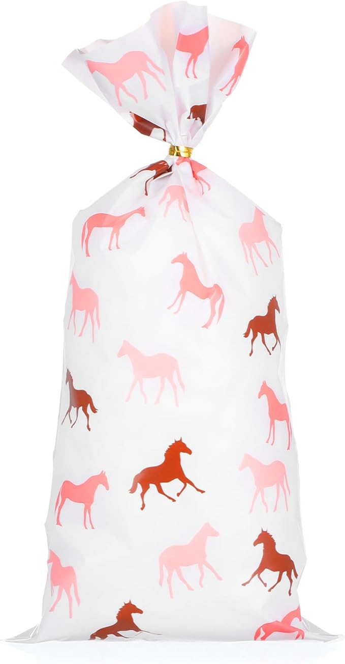 QfwdfcTrenz 50 Pcs Pink Horse Bags Horse Party Favors Print Candy Plastic Cowboy Goodie Bag with Twist Ties Favor Horses Goodie Bags for Western Theme Birthday Party Wrappers Supplies