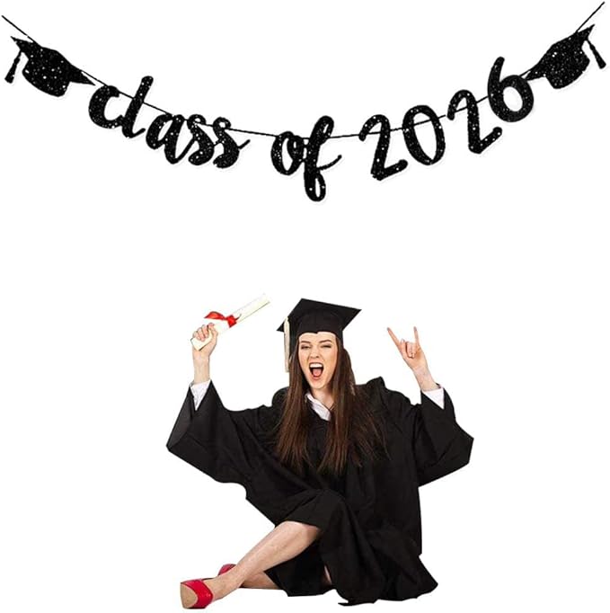 Class of 2026 Graduation Banners Party Decorations, Black Glitter Graduation Banners Garland for Congratulation Graduations Party Supplies, School, Home, Car Decorations