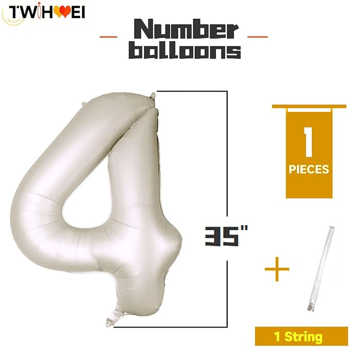 Number 4 Balloons White Sand Four Balloon for 4 Year Old Birthday Decorations 40 Inches Cream White Large Numbers 4th Birthday Party Nude Ballons Beige 4 Digital Neutral Balloon Pearl White 4
