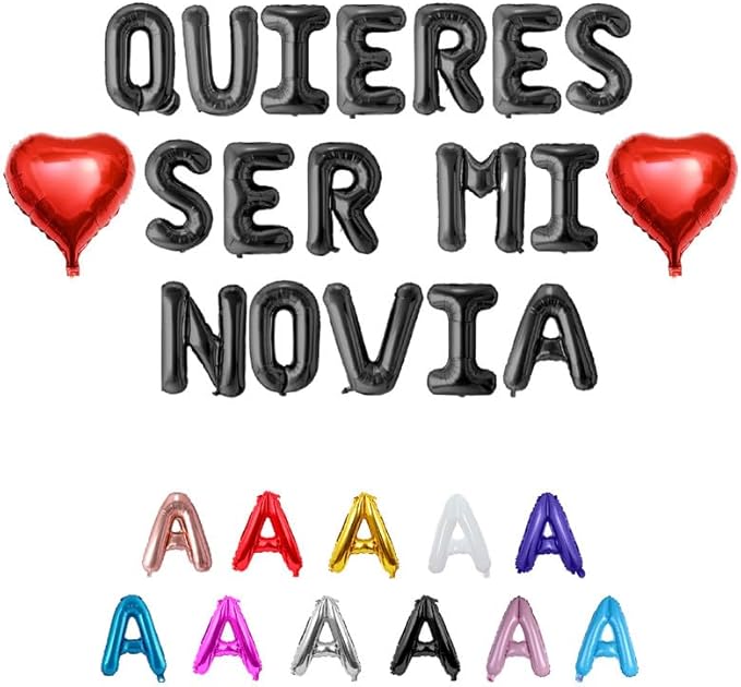 QUIERES SER MI NOVIA Balloons Banner with Two 18" Heart Balloons - Romantic Proposal Decorations for Prom/Date Night and Valentine’s Day - 16" Foil Letters with Straws, Ribbon & Adhesive Dots