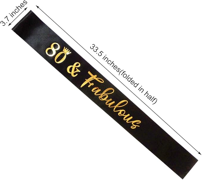 80th Birthday Sash for Women and Men 80&Fabulous Sash Black with Gold Foil Lettering