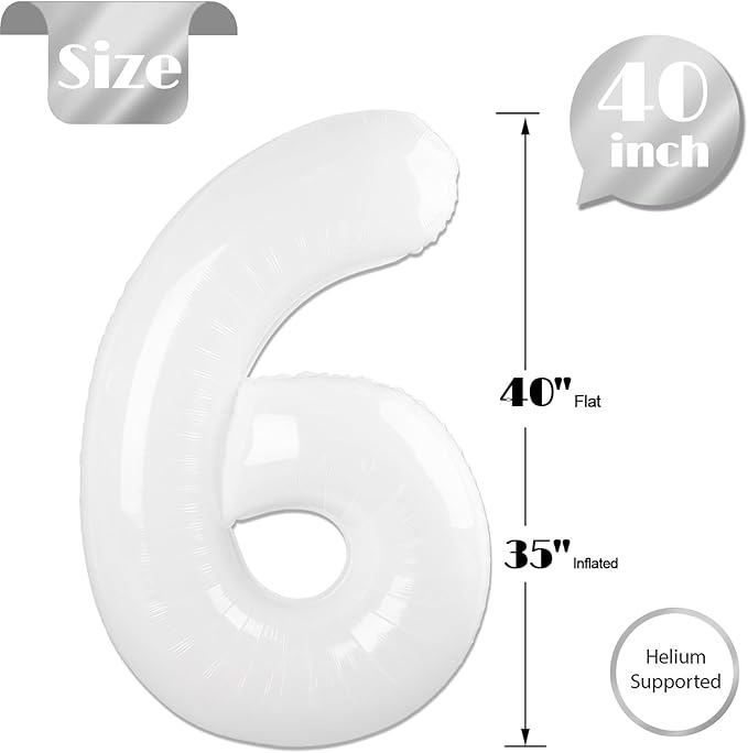 White 6 Balloon, Translucent Number Balloons 40 Inch, 6th Balloons for Birthday Decorations, White Party Supplies 6 Birthday Balloon, Number 6 Balloon