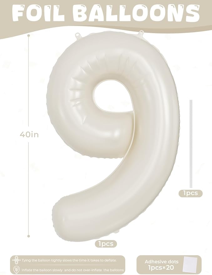 Number 9 Balloons - 40 Inch Cream Number Balloons Giant Light Cream balloon Big Foil balloon for Birthday Anniversary Baby Shower Party Decorations