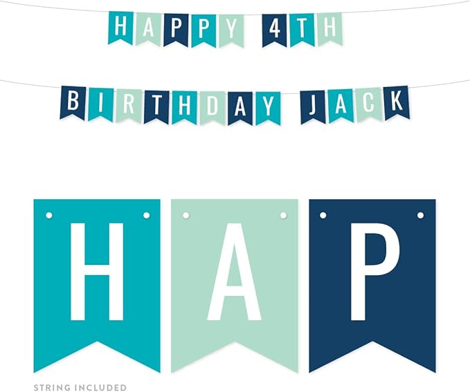 Andaz Press Personalized Hanging Pennant Banner Party Decorations, Aqua, Seafoam Mint Green, Navy Blue, Happy 4th Birthday Jack, 1-Pack, Approx. 5-Feet, Custom Name and Number