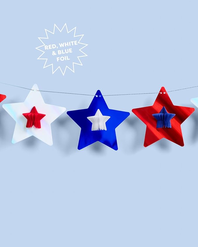 xo, Fetti Red, White + Blue Star Banner | 5.5 Ft. | 4th of July Garland, USA Decorations, America Party Backdrop, Cowboy Photo Booth Supplies