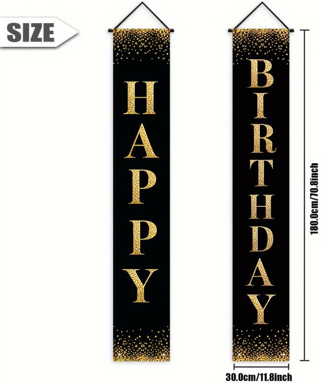 12x71 inch black gold glitter birthday porch banner indoor and outdoor hanging decoration for birthday parties, weddings, graduation ceremonies, terraces, courtyards, and home decor made of polyester fabric, reusable and easy to install