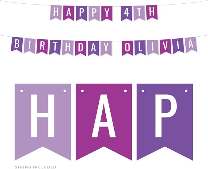 Andaz Press Personalized Hanging Pennant Banner Party Decorations, Lavender, Plum Violet, Royal Purple, Happy 4th Birthday Olivia, 1-Pack, Approx. 5-Feet, Custom Name and Number