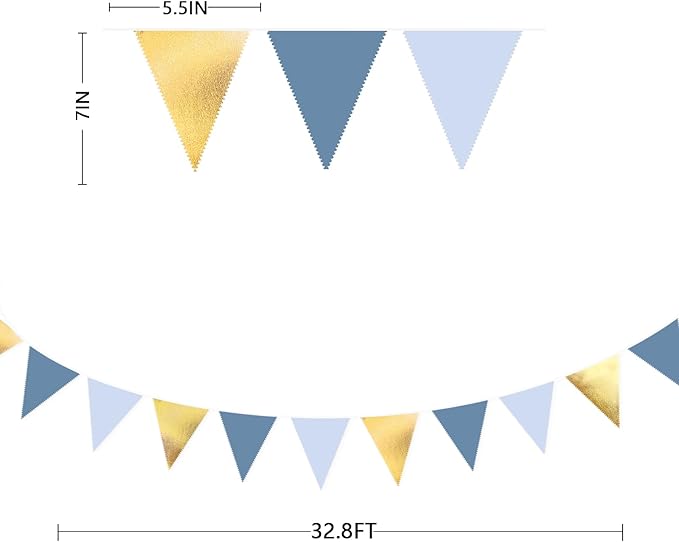 32Ft Dusty Blue Gold Party Decorations Dusty Blue Gold Triangle Banner Flag Pennant Fabric Garland Streamers for Nautical Birthday Ahoy Achor Bridal Baby Shower Sea Summer Graduation Party Decor