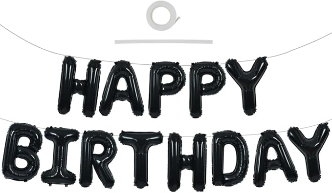 TONIFUL Black Happy Birthday Balloons Banner 16 Inch Mylar Foil Letters Birthday Sign Banner Bunting Reusable for 30th 40th 50th 60th Adults and Halloween Supplies