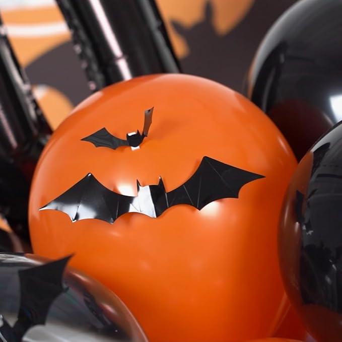 Halloween Balloon Arch Garland Kit, Orange and Black Balloon Arch Kit with 3D Bat Stickers, Boo Spider Bat Pumpkin Cat Pumpkin Spider Foil Balloons Polka Dot Balloons for Halloween Decorations