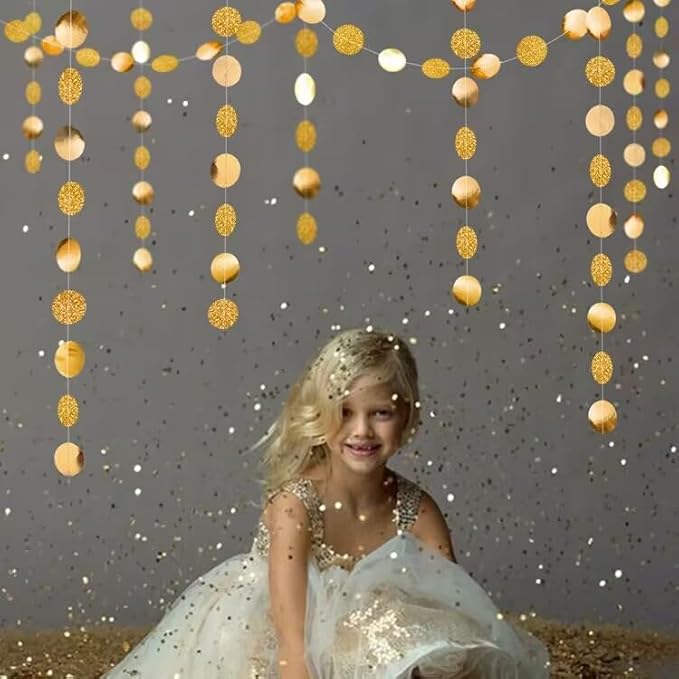 Gold Circle Dots Garlands Decorations, 52 Feet, Glitter Garland Hanging Banner for Christmas Party, Anniversaries, Wedding, Birthday Parties, Graduations Parties, Baby Shower(Gold)