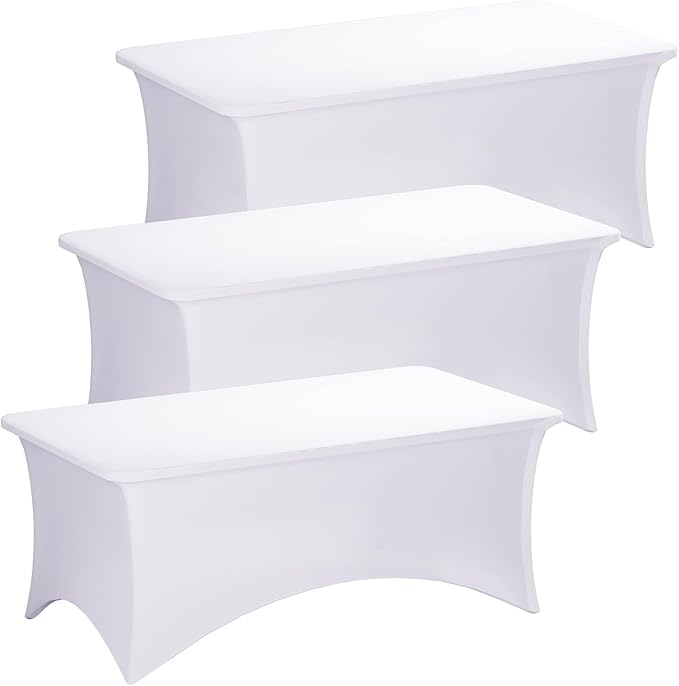 Fixwal 3 Pack White Table Cloths Rectangle 8FT, Tablecloths Rectangular Stretch Spandex Fitted Table Covers 8ft for Parties, Trade Shows, Banquet, Weddings, Buffet, Graduation