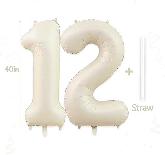 12 Balloon, Number 12 Balloons, Number Balloons 40 Inch, Sand White Large Big Foil Number 21 Balloons for Birthday Party Graduation Wedding Anniversary Baby Shower Bachelorette Decoration Supplies