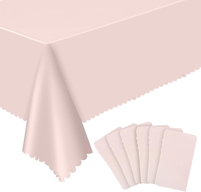 6 Pack Plastic Light Pink Tablecloths, 54 X 108Inch Baby Shower Tablecloth Scalloped Mother's Day Table Cloth for Rectangle Tables Disposable Table Cover for Easter Bridal Shower Tea Party Wedding