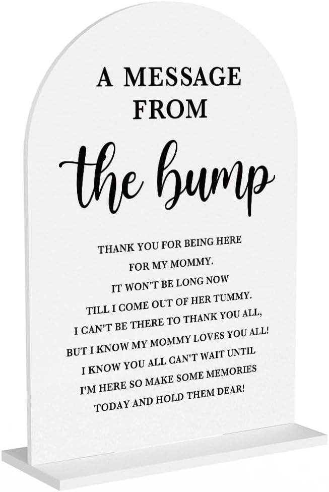 Baby in Bloom Shower Decorations, Baby Shower Sign, Newborn Gifts, Message From The Bump Signs, Modern Calligraphy Arched Acrylic Table Top Signs With Stand for Gender Reveal Party Decoration (White)