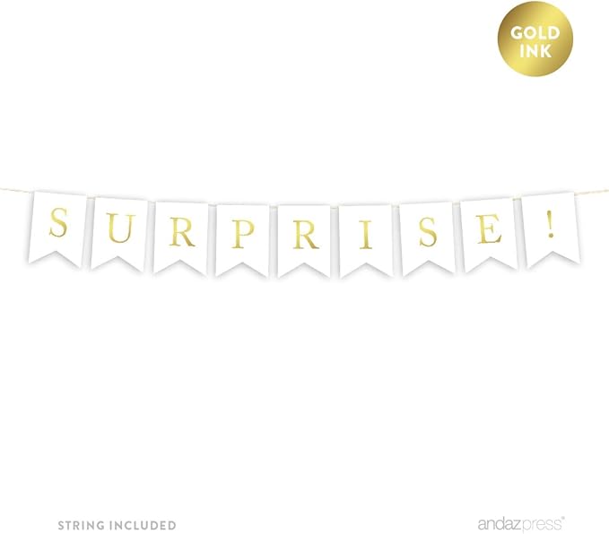 Andaz Press Hanging Bunting Pennant Party Banner with String, Metallic Gold Ink, Surprise!, 3-Feet, 1-Set, Includes String
