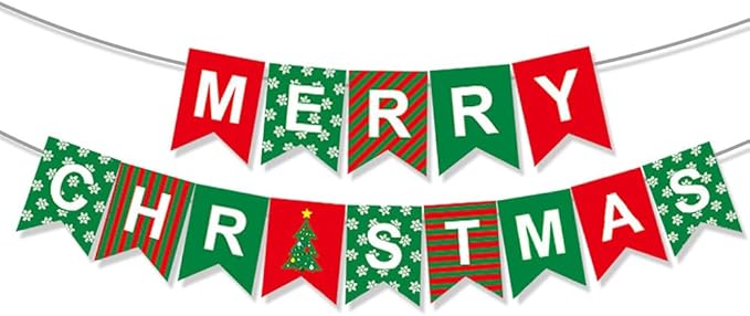 Merry Christmas Banner Decorations Red Green Xmas Paper Banner Sign Home Office Decor Banners Merry Christmas Party Decoration for Xmas Holiday Fireplace Wall Window Indoor Decor