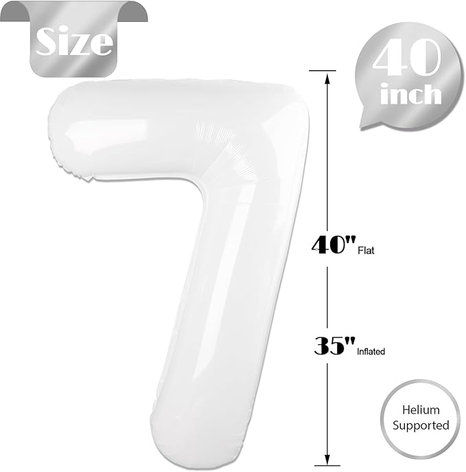 White Number 7 Balloon 40 Inch, 7 Balloon Number, 7th Birthday Decorations, White Party Supplies for Boys Girls