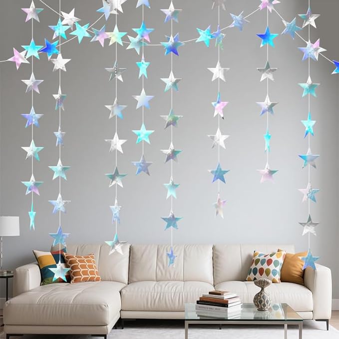Iridescent Shining Star Hanging Garland Iridescent Hanging Sparkling Star Streamer Glitter Bunting Banner Twinkle Backdrop for Wedding Baby Shower Birthday Christmas Decorations 40 Feet