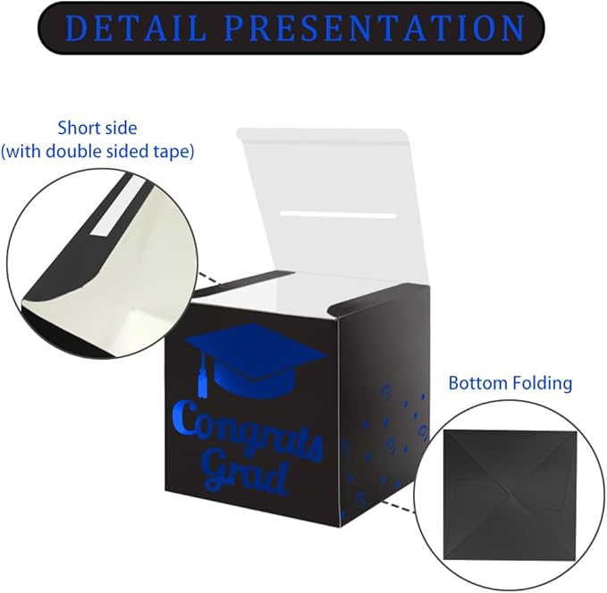 Graduation Card Box Holder, Congrats Grad Foldable Cardboard Decorations Box for Graduation Party Decoration and Grad Parties (Black-blue)