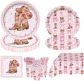 169 PCS Pink Coquette Bow Cowgirl Disposable Party Supplies Serves 24, Western Rodeo Themed Disposable Tableware Set with Plates Cups Napkins Cutlery Tablecloth for Girls Birthday Decorations