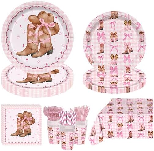 169 PCS Pink Coquette Bow Cowgirl Disposable Party Supplies Serves 24, Western Rodeo Themed Disposable Tableware Set with Plates Cups Napkins Cutlery Tablecloth for Girls Birthday Decorations