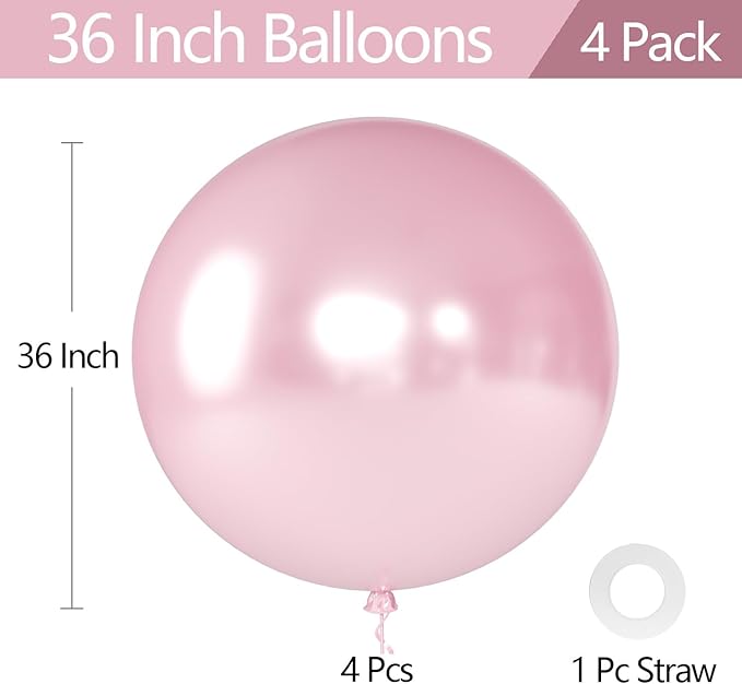 KALOR Pearl Light Pink Giant Balloons 36 Inch Large Latex Balloons, 4 Pack Jumbo Round Helium Balloon for Birthday Bridal Shower Wedding Baby Shower Party Decorations