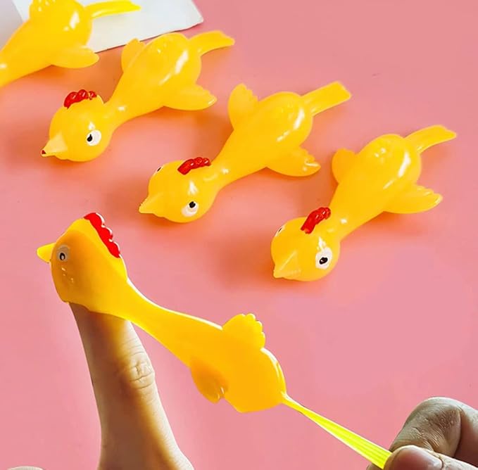Funiverse 100 Pack Chicken Finger Flingers - Stretchy Rubber Flying Chickens, Multi Color Assortment, Individually Packaged Party Favors for Classroom, Birthday, Halloween