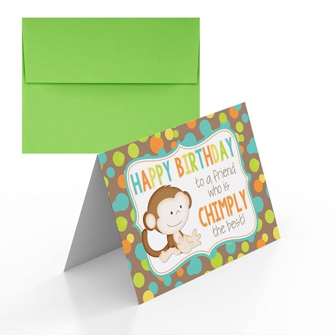 Amanda Creation Chimply the Best Friend Monkey Birthday Pun Themed Single All Occasion Blank Birthday Card To Send To Friends & Family, 4"x 6" (when folded) Fill In Greeting