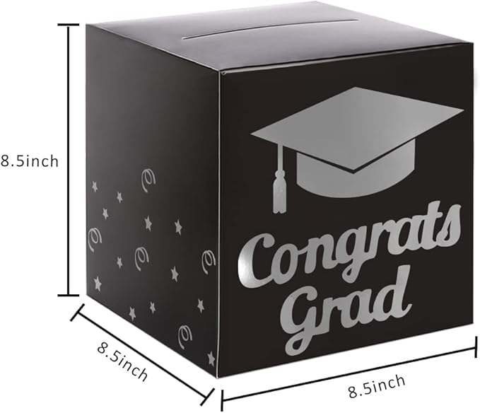 Graduation Card Box Holder, Congrats Grad Foldable Cardboard Decorations Box for Graduation Party Decoration and Grad Parties (Silver)