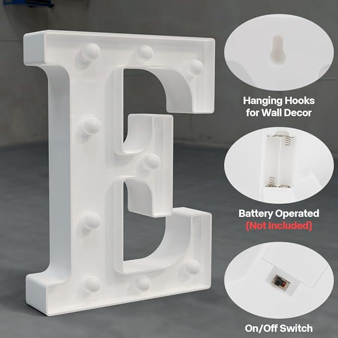 Marquee Light up Letters - 26 Alphabet Battery Powered LED Lights, Night Light White Plastic for Engagement Party Wedding Baby Shower Birthday, Wall Decor (Letter E)