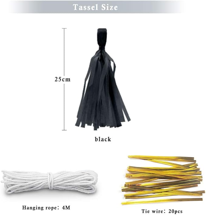 9.8in Tissue Paper Tassel DIY Hanging Paper Decorations Party Garland for Party, Wedding, Festival, Baby Shower - 20PCS (Black 25cm)