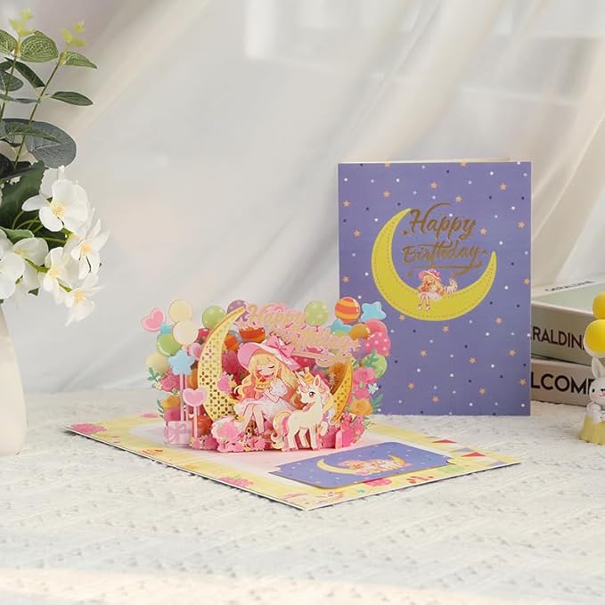 Pop Up Birthday Card for Girls and Women - 3D Unicorn and Princess on Moon Birthday Greeting Card, Laser Cut Handmade Gift Card for Daughter, Kids, Sister, Mom - Includes Envelope and Note Card